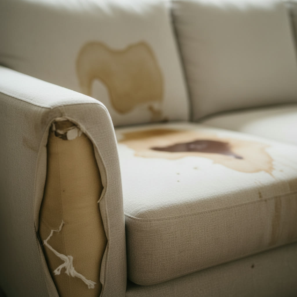 Guest damage — a stained, torn sofa in a short-term rental