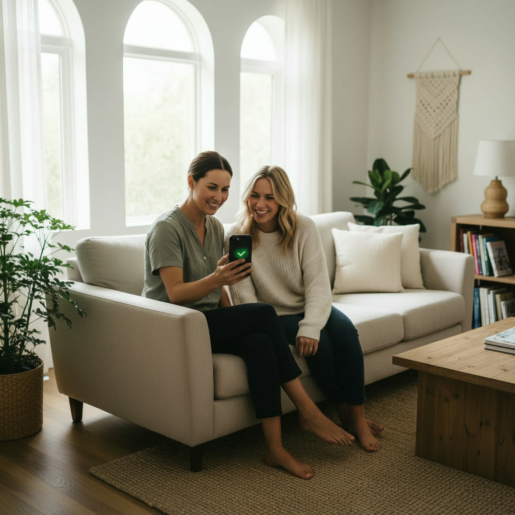 A relaxed short-term rental host on the restored sofa after the claim was reimbursed