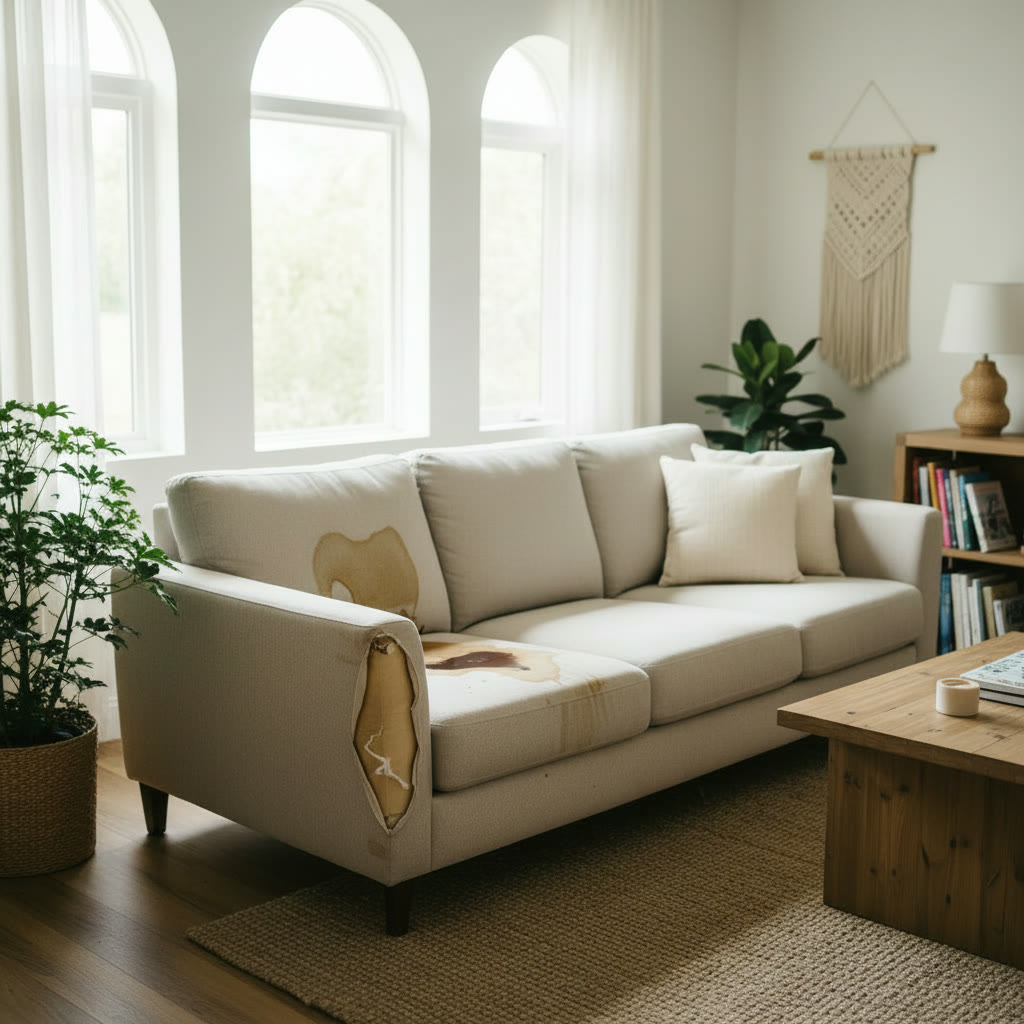 Guest damage on the sofa in a short-term rental — a stain and a torn armrest